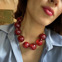 Ruby-Burgundy Marbled Knotted Resin Bead Necklace