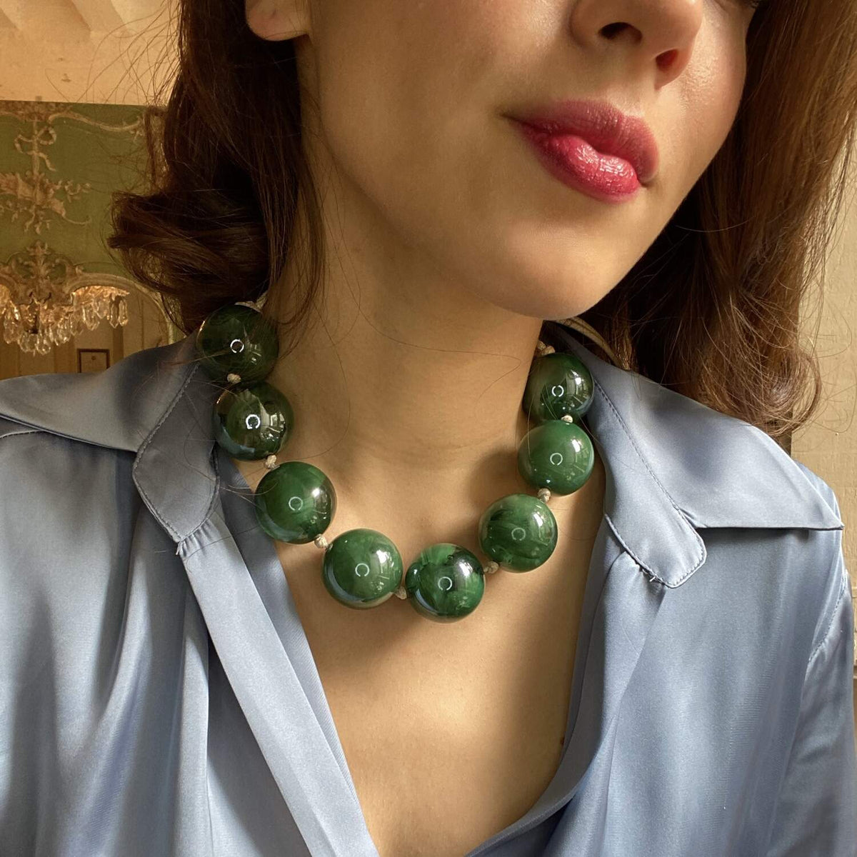 Emerald Marbled Knotted Resin Bead Necklace