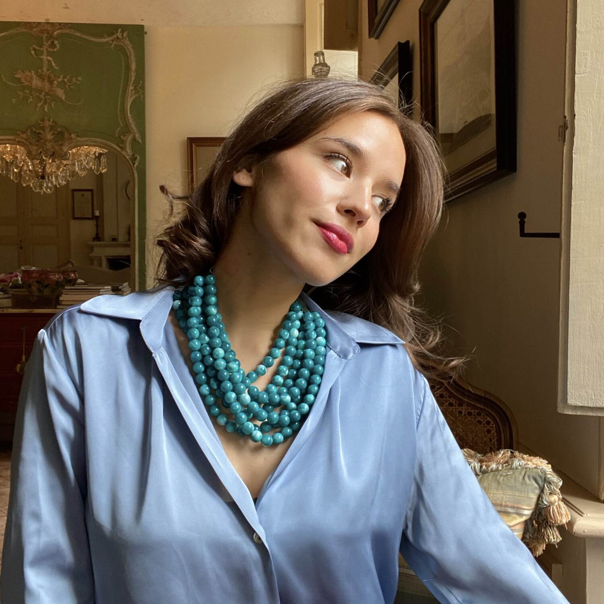 Multi Shades of Turquoise Multi Strand Resin Necklace