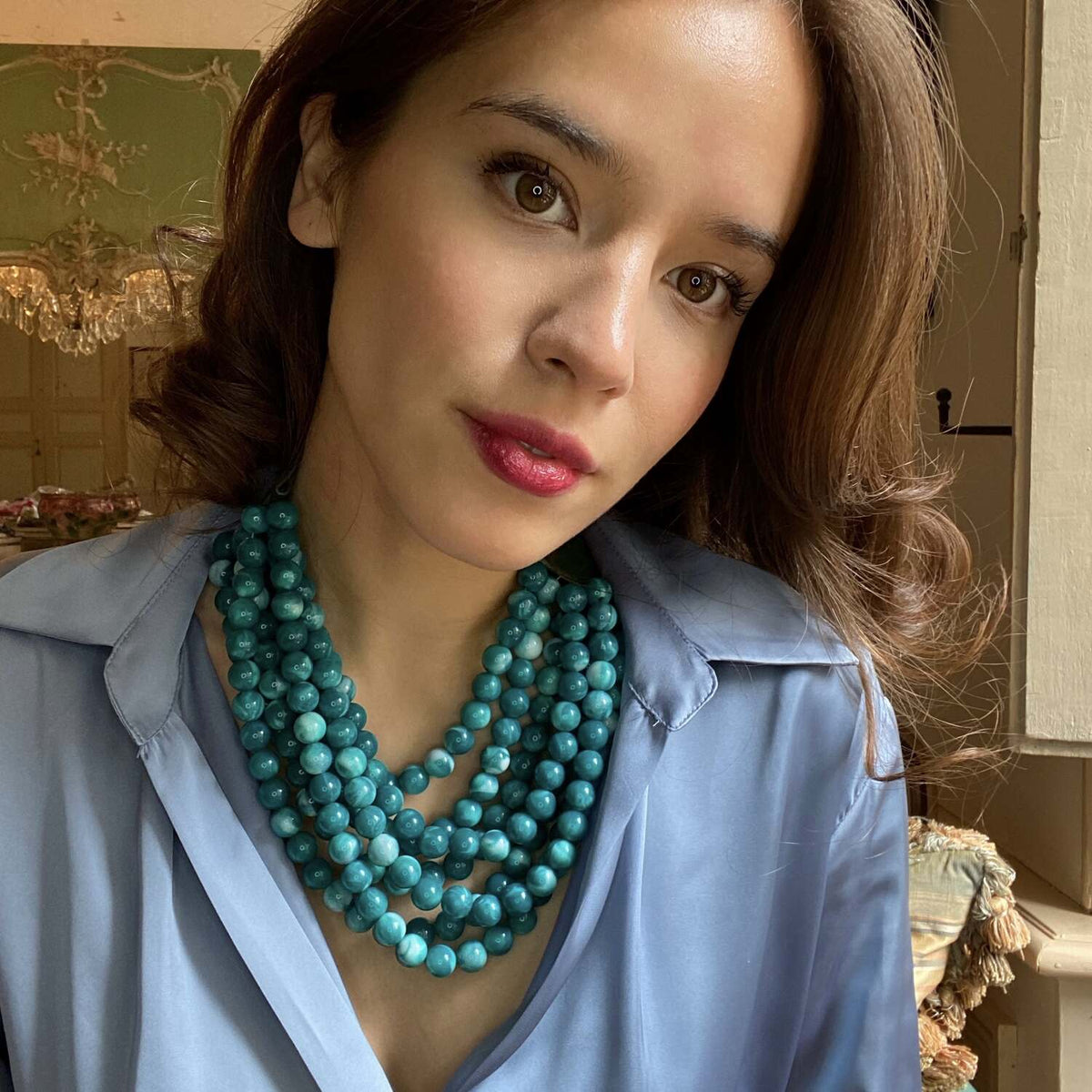 Multi Shades of Turquoise Multi Strand Resin Necklace