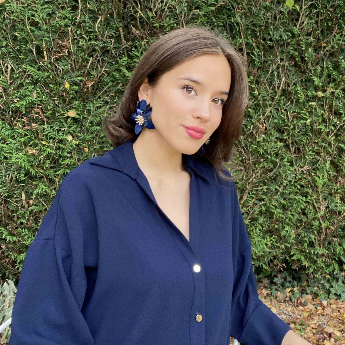 Navy Floral Resin Drop Earrings