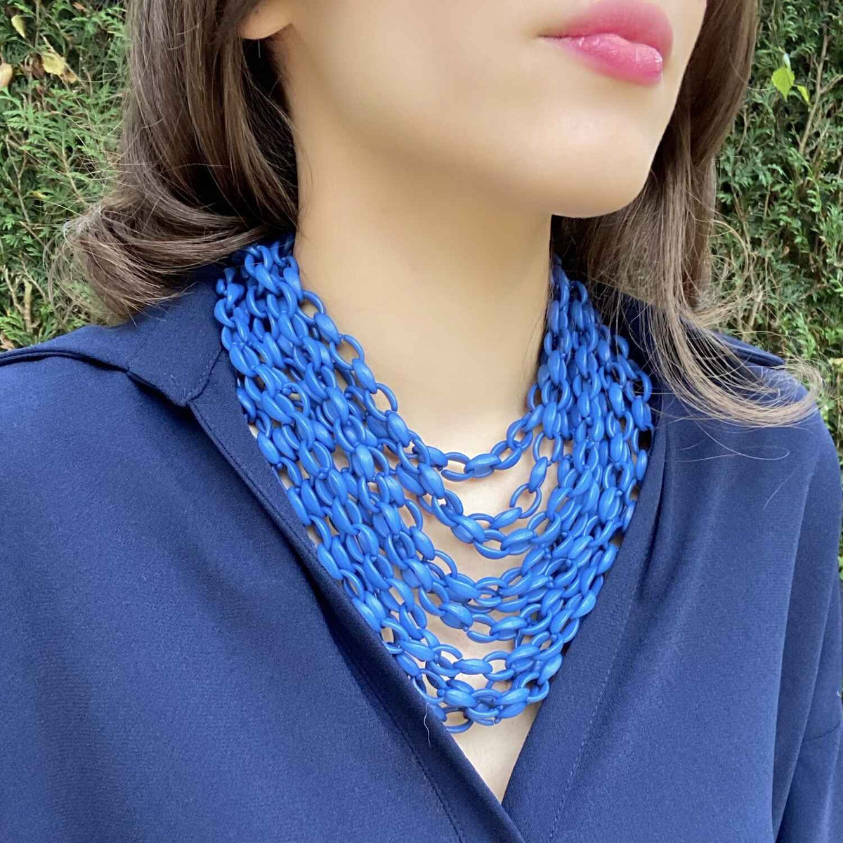 Multi Strand Blue Resin Chain Necklace