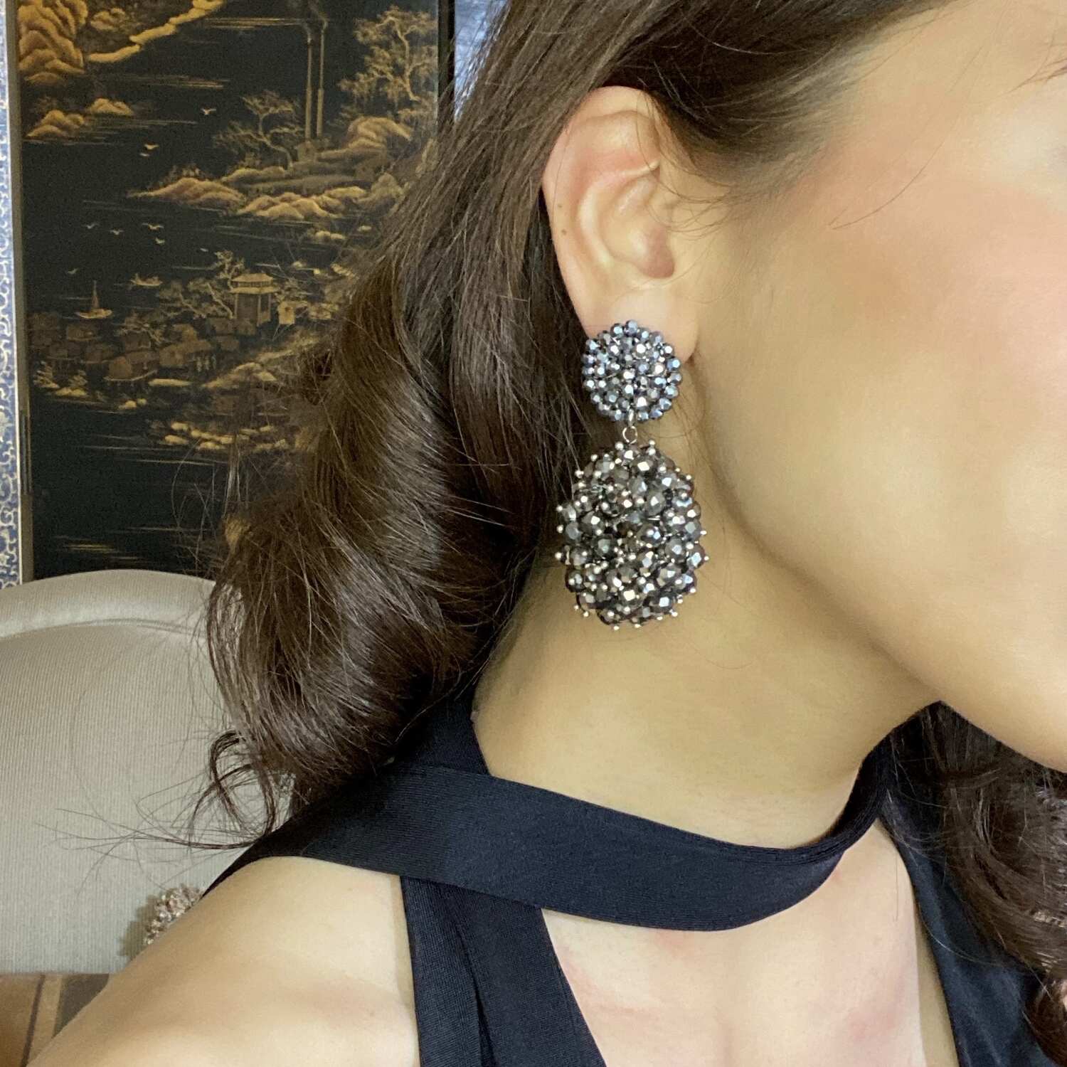 Pendientes colgantes con cuentas facetadas de vidrio hematita Isabetta