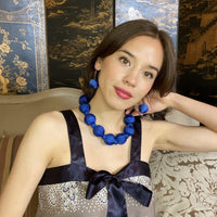 Large Cobalt Silk Covered Wood Bead Necklace