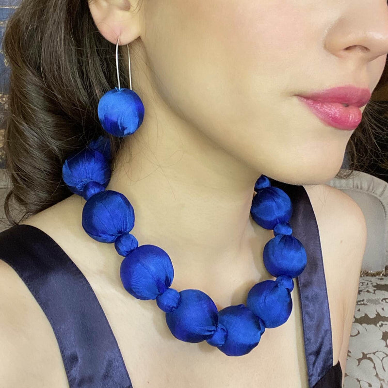 Large Cobalt Silk Covered Wood Bead Necklace