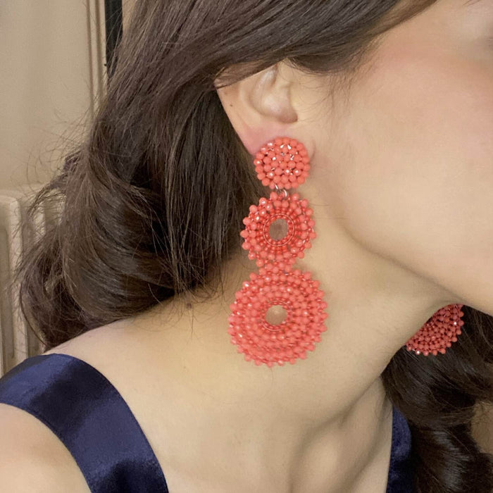 Coral Glass Clip On Boho Drop Earrings