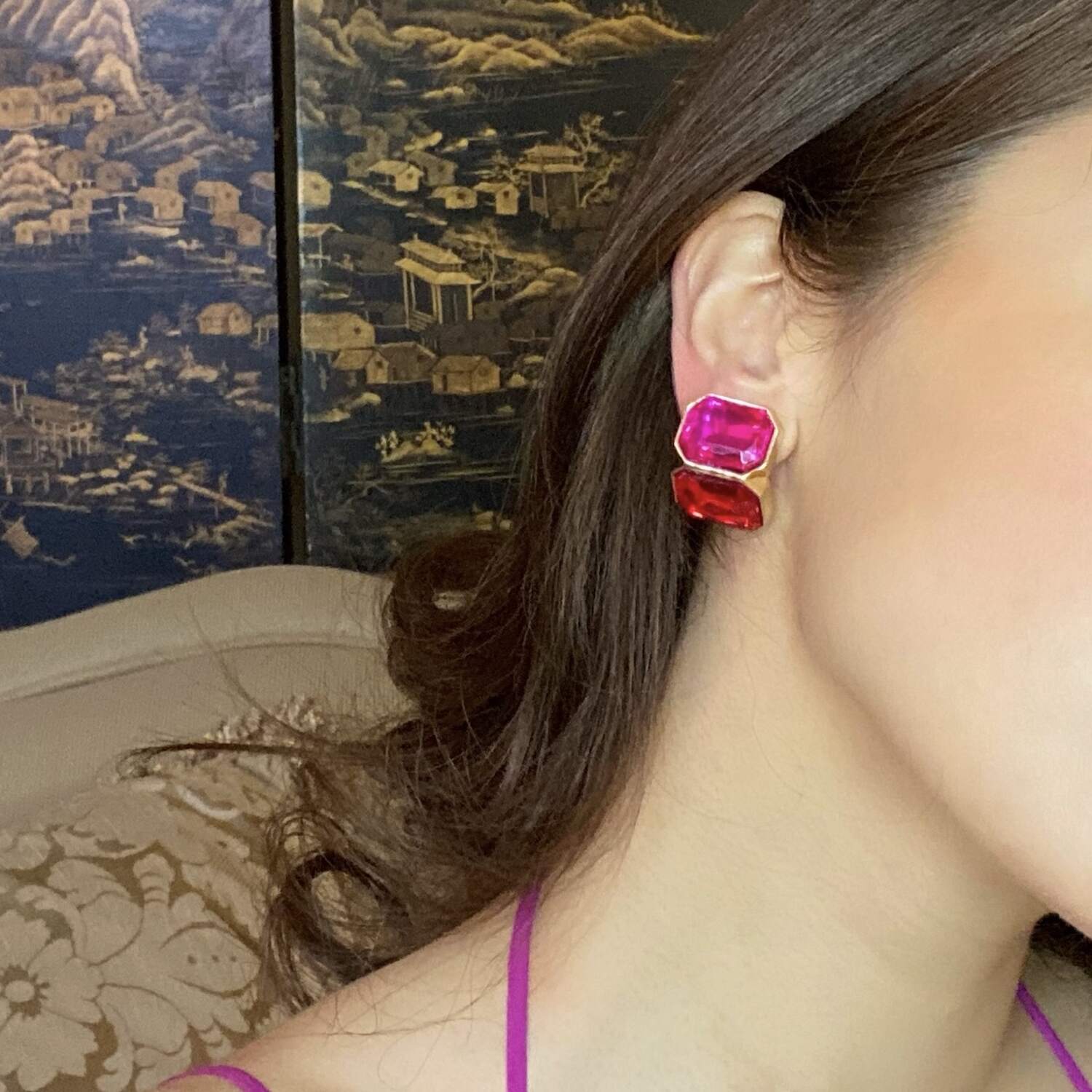 Clara Fuschia And Ruby Double Stone Clip Earrings