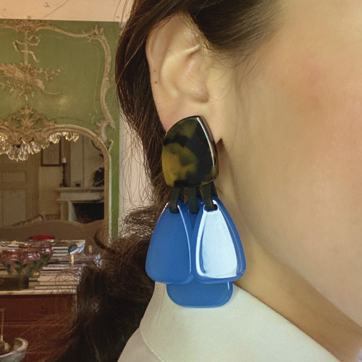 Tortoise Resin Top Earrings With Blue Resin Drops