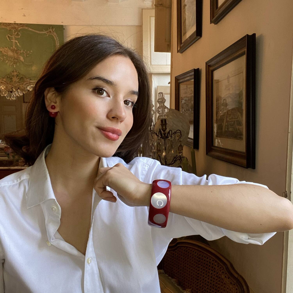 Burgundy And Mother Of Pearl Deco-Style Spotted Bracelet