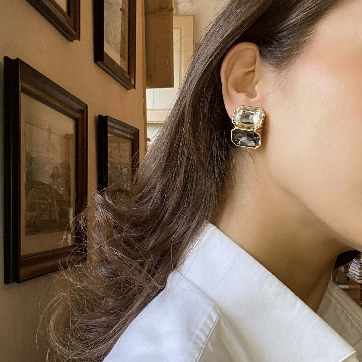 Pendientes de clip con doble piedra de cristal y diamante negro Leanne