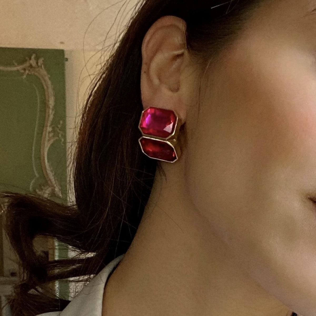 Fuschia And Ruby Double Stone Clip Earrings