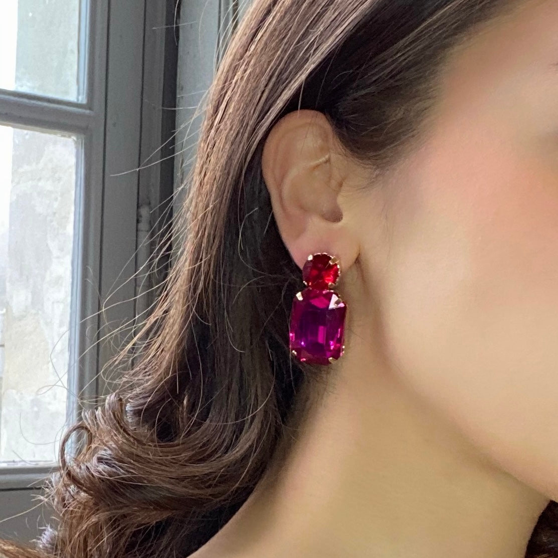 Adelle Fuschia Crystal Ocatgon And Ruby Round Stone Drop Earrings
