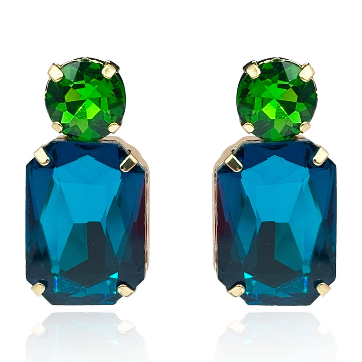 Peacock Blue Crystal Ocatgon And Green Tourmaline Round Stone Drop Earrings