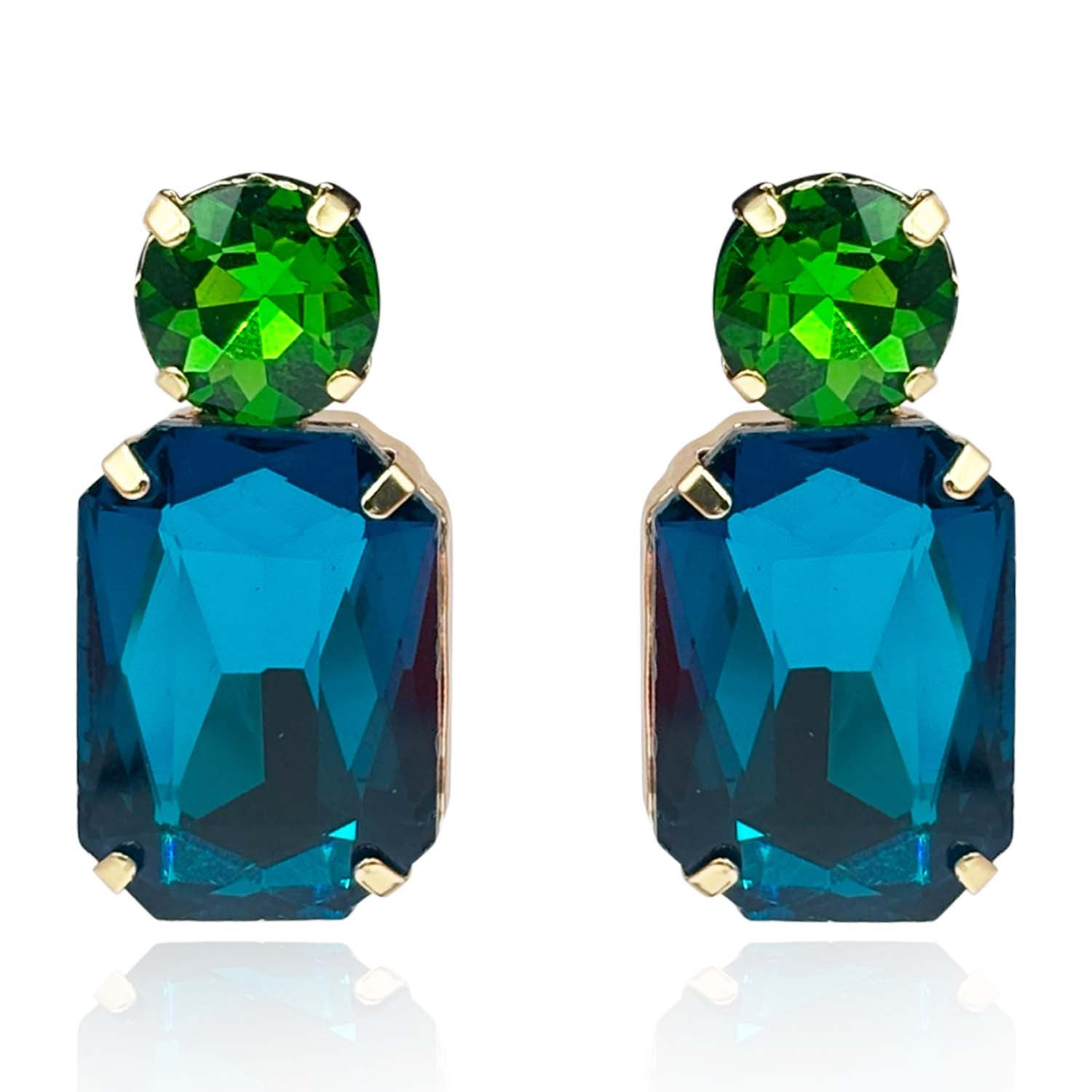 Adelle Peacock Blue Crystal Ocatgon And Green Tourmaline Round Stone Drop Earrings