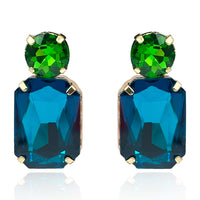 Peacock Blue Crystal Ocatgon And Green Tourmaline Round Stone Drop Earrings