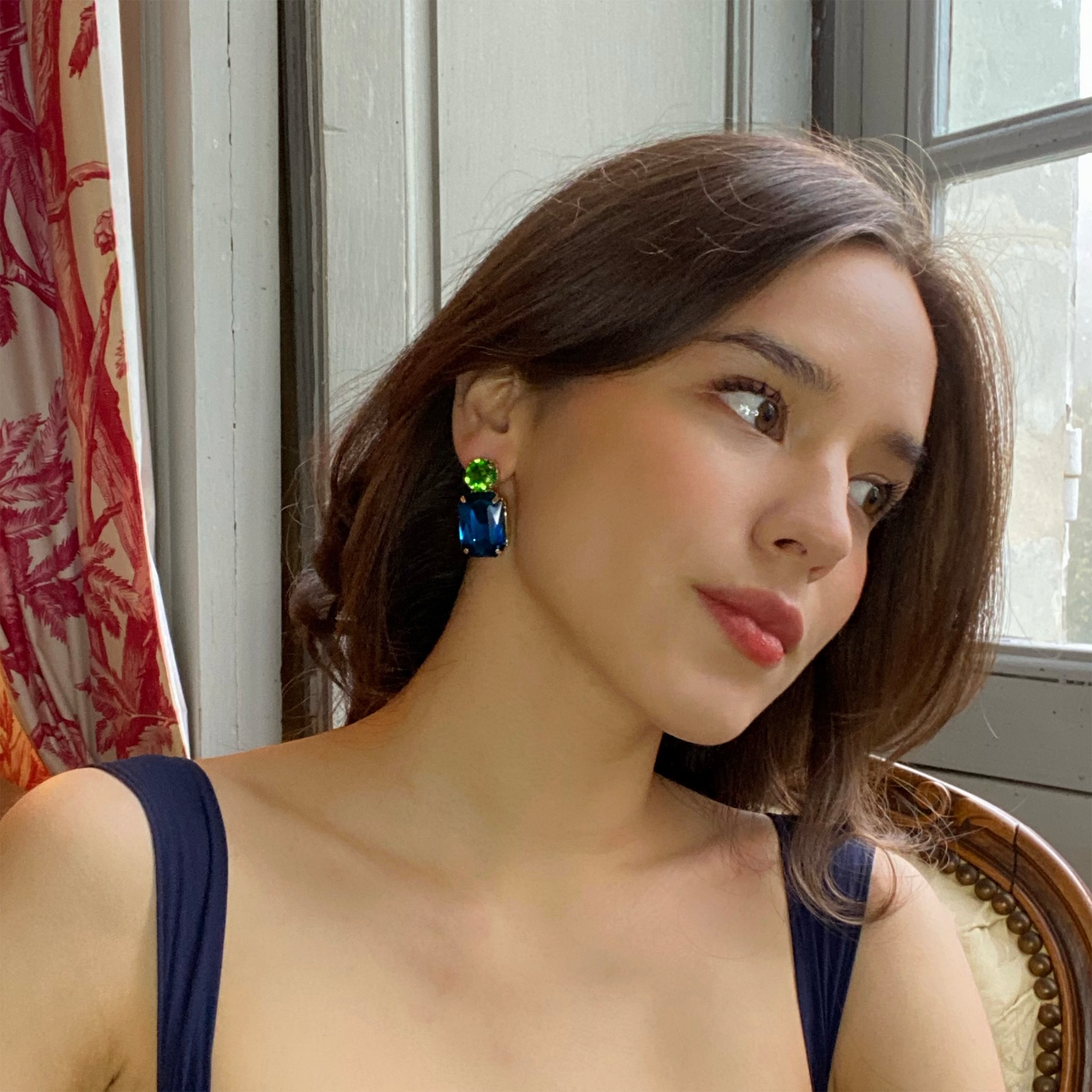 Adelle Peacock Blue Crystal Ocatgon And Green Tourmaline Round Stone Drop Earrings