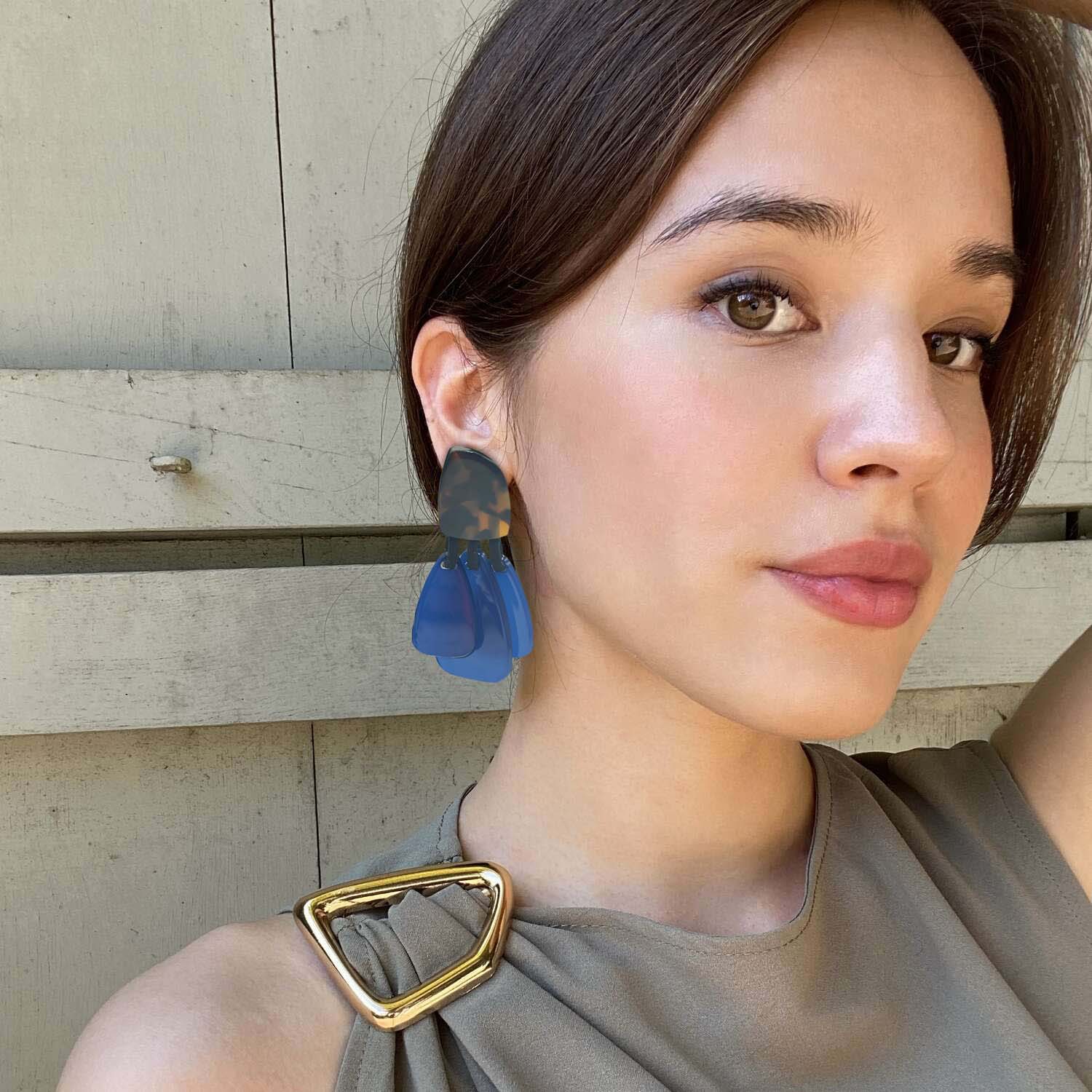 Patrizia Tortoise Resin Top Earrings With Cobalt Blue Resin Drops