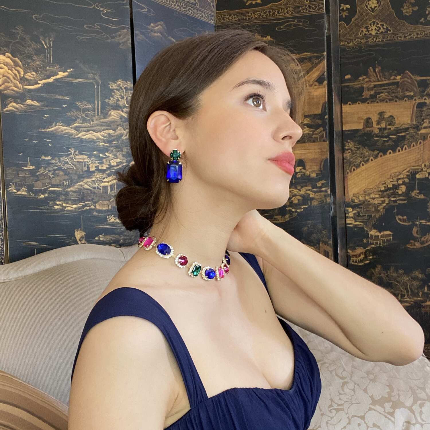 Adelle Dark Sapphire Crystal Ocatgon And Emerald Round Stone Drop Earrings
