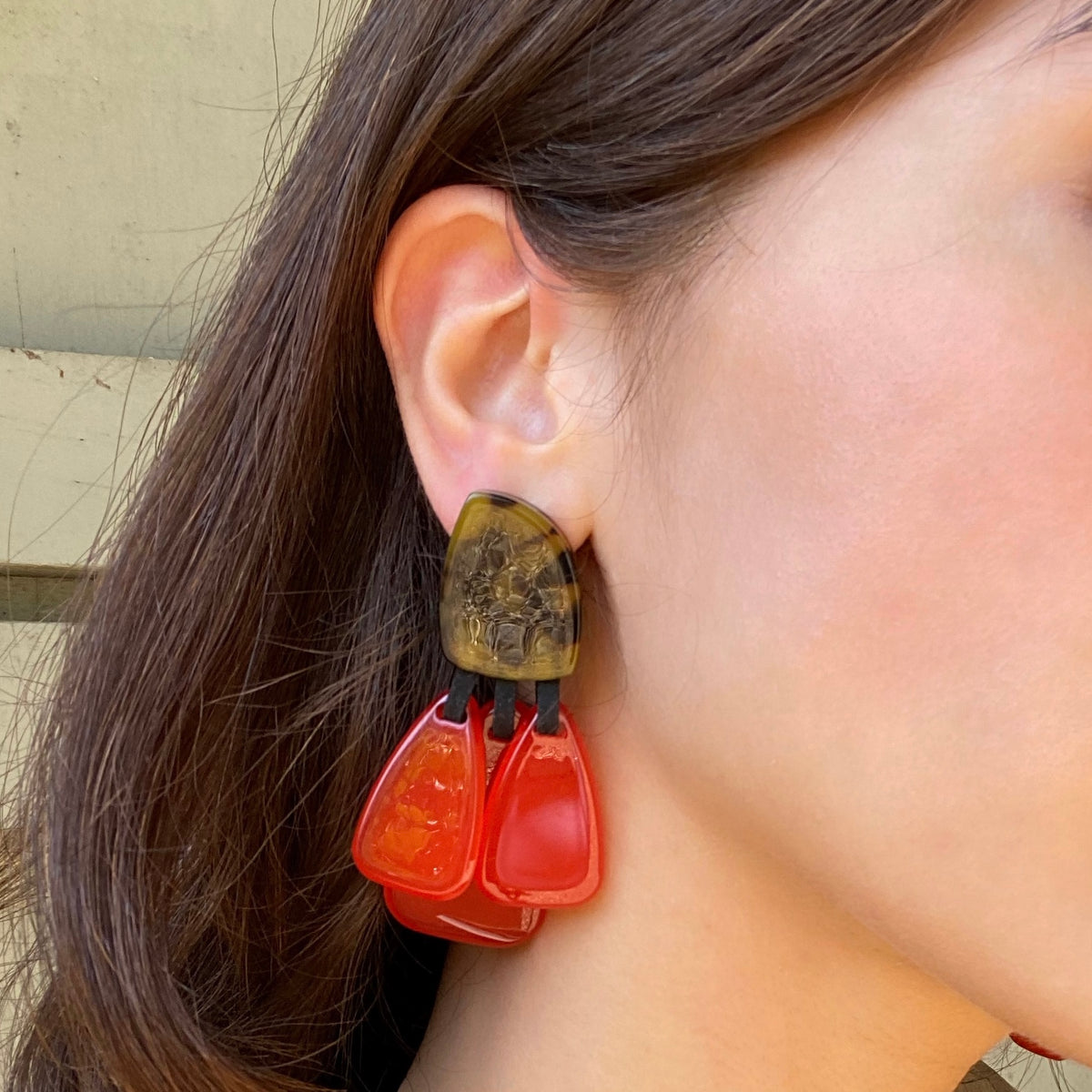 Tortoise Resin Top Earrings With Orange Resin Drops