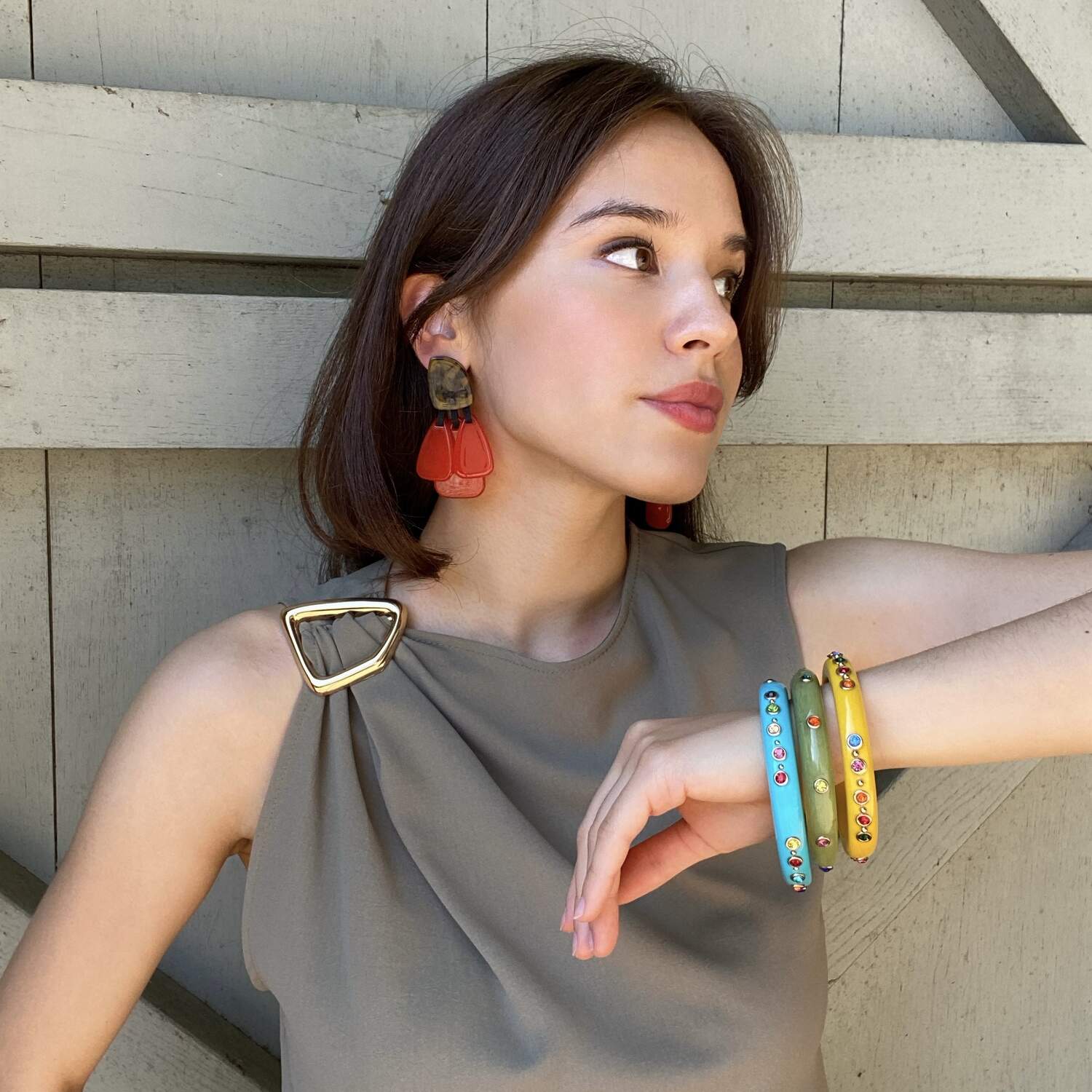 Patrizia Tortoise Resin Top Earrings With Orange Resin Drops