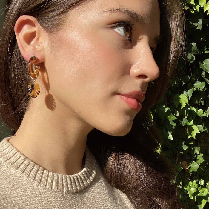 Tortoise Resin Hoop Earring With Hanging Leaf