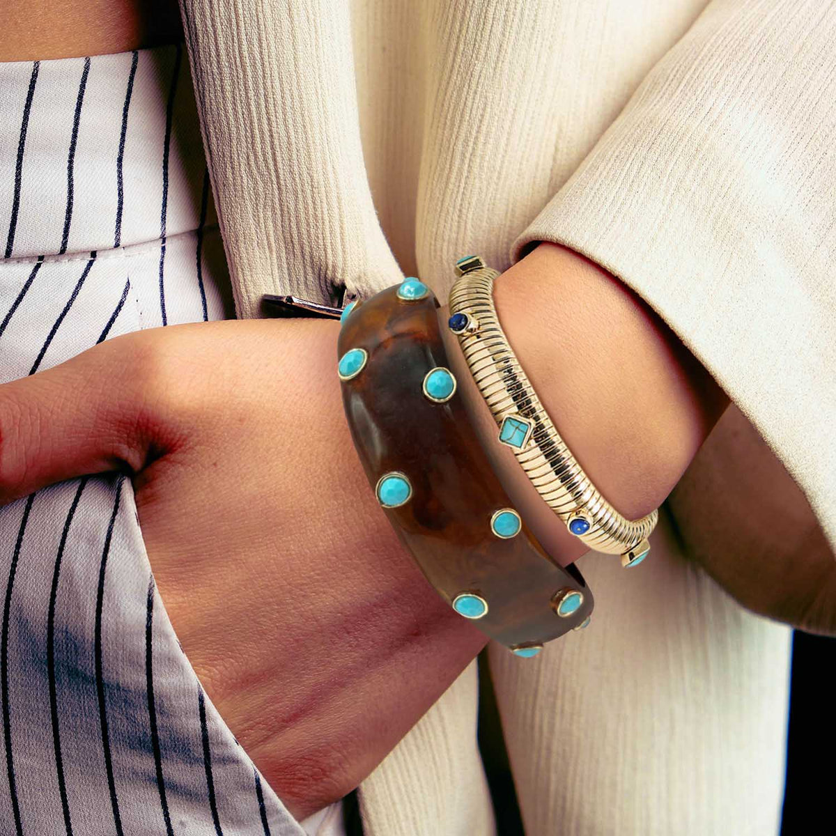 Tortoise Resin Bangle With Turquoise Glass Stones In Gold-Plated Brass Settings