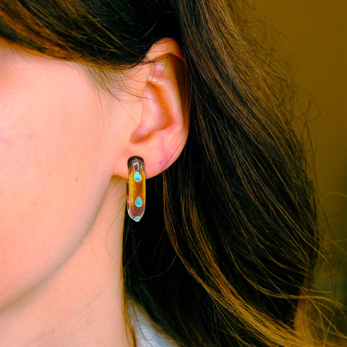 Tortoise Resin Hoop Earrings With Faceted Turquoise Glass Pear Stones