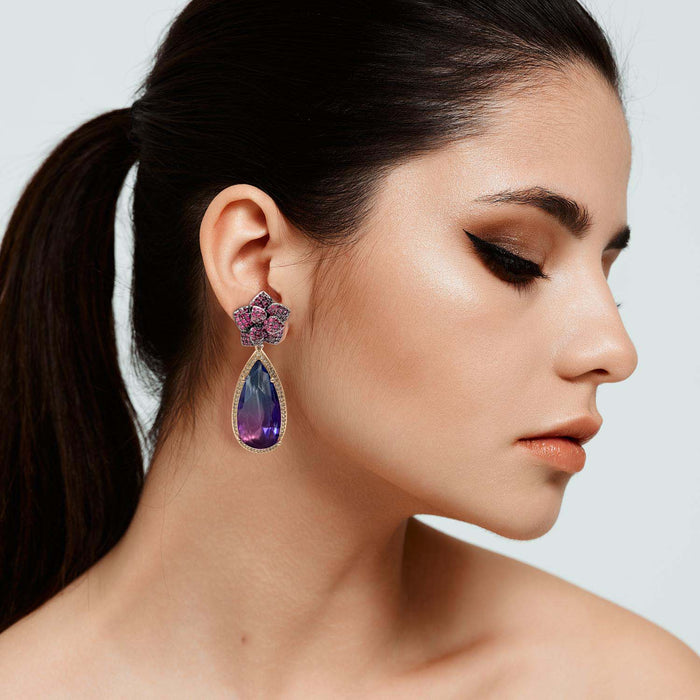 Ruby Cubic Zirconium Flower With Elongated Amethyst Cubic Zirconium Pear Drop Earrings