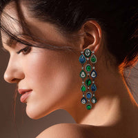 Multi-Color Crystal Gemstone Clip On Earrings Set In Blackened Rhodium