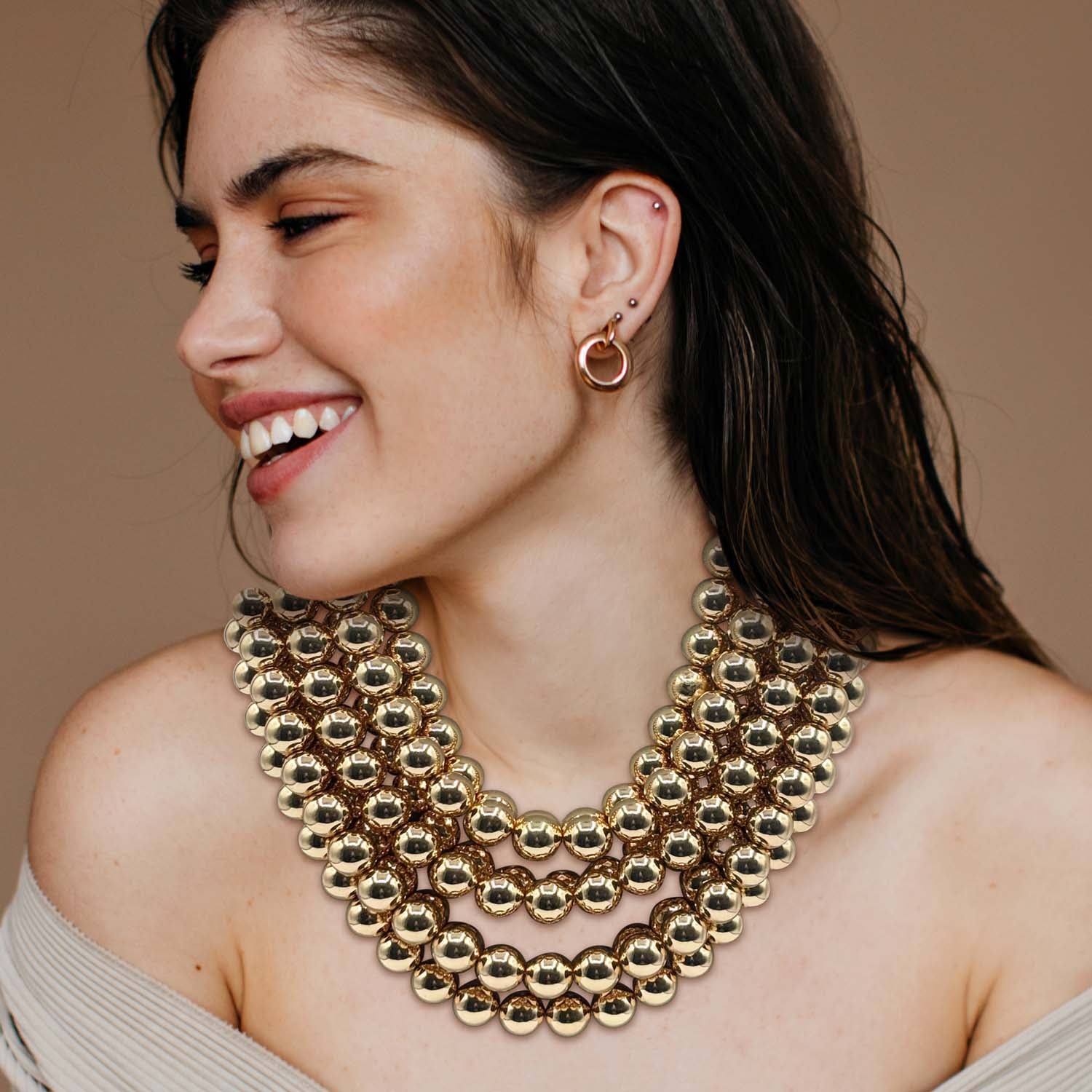 Isadora Multi-Strand Gold-Plated Resin Bead Necklace With Black Vegan Leather Clasp