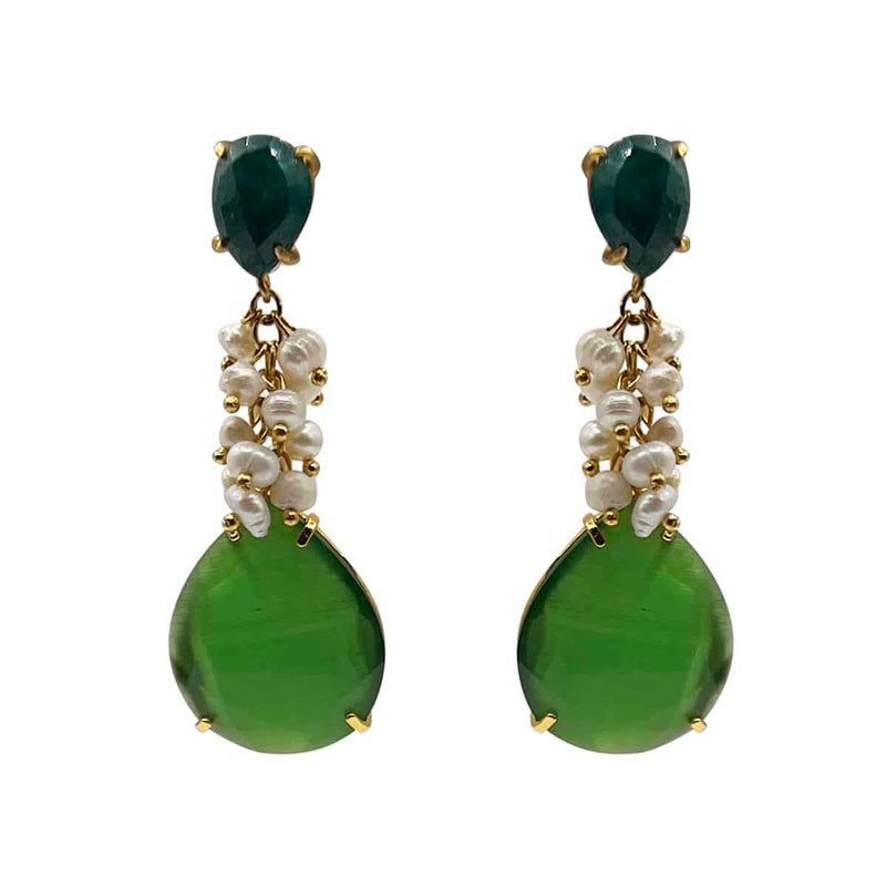 Boucles d'oreilles pendantes œil de chat vert et perles d'eau douce